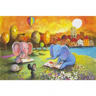Gravura para Quadros Decorativos Infantil Elefantes Lendo Histria - 9907188 - 30x20 Cm