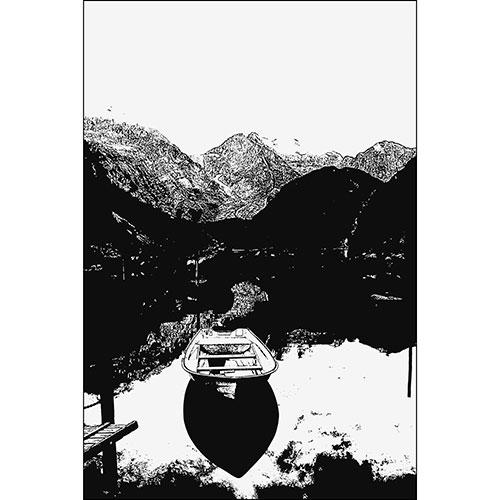Gravura para Quadros Paisagem Preto e Branco Lago Montanhas Barco - Afi19774