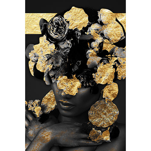 Tela para Quadros Mulher Flores Preta e Dourada Na Cabea - Afic19789